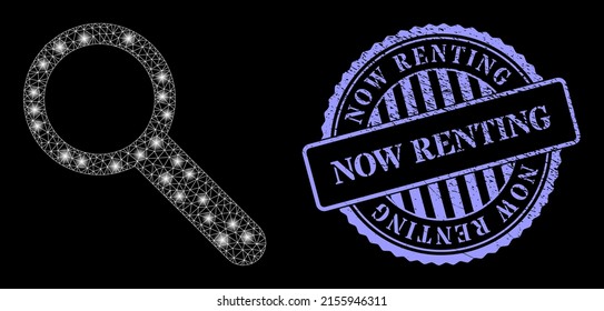 Constellation network zoom with light spots, and Now Renting blue round scratched stamp seal. Vector grid created from zoom icon. Constellation frame polygonal zoom.