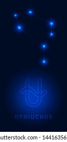 Constellation Ophiuchus. Bright glowing stars with the name and sign on a blue background night lighting. Star Map Vector.