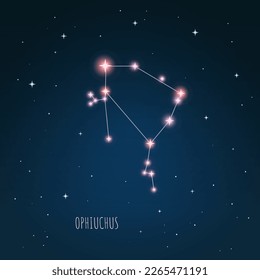 Constellation Ophiuchus esquema en cielo estrellado. Espacio abierto. Ilustración vectorial Constelación de Ophiuchus a través de un telescopio. 