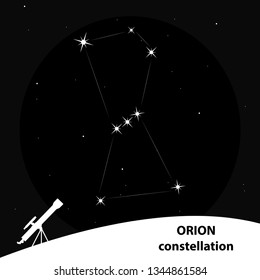 the constellation of Orion on a black background with a telescope