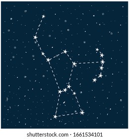 Constellation of Orion's Belt in night starry sky. Vector stock illustration in cartoon style. Can be used as planetarium poster, postcard.