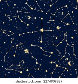 Constellation pattern. Vector celestial seamless background dark sky with golden stars, meteors, moon and planets. Zodiac figures, heavenly bodies and astronomical objects in far galaxy or Universe