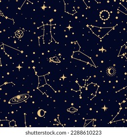 Patrón de constelación, fondo vectorial sin fisuras con cúmulos de estrellas zodiac, planetas y satélites en cielo negro. Grupos de estrellas en sección de esfera celeste. Cuerpos cósmicos en espacio ilimitado