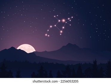 Colección de esquemas de Constellation Perseus. Estrellas en el cielo nocturno. El cielo estrellado oscuro, las colinas, el bosque, la luna brillante, las montañas. 