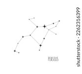 Constellation Perseus scheme in starry sky. Doodle, sketch, linear icons of all 88 constellations on white background