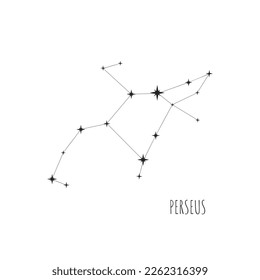 Constellation Perseus scheme in starry sky. Doodle, sketch, linear icons of all 88 constellations on white background