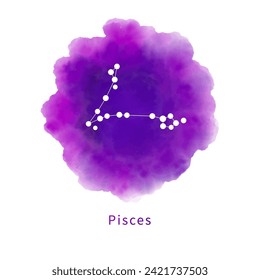 Constellation Pisces on a bright purple watercolor stain isolated on a white background. Zodiac sign, horoscope symbol on handmade watercolor texture. Vector illustration