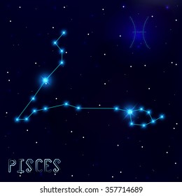 The Constellation Of Pisces. Starry sky. Dark blue background of space. Bright shining stars. Zodiac constellation. Astrological sign. Vector illustration.