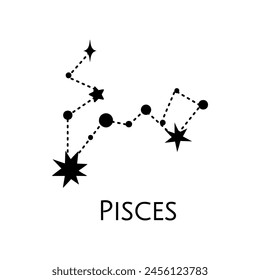 Constellation de Piscis. Ilustración vectorial. Estrellas blancas y negras. Tatuaje de arte lineal, Espiritualidad, magia