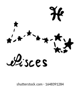 the constellation of Pisces. vector illustration. Zodiac sign, symbol and calligraphic name drawn by hand on a white background. Doodle style. For horoscopes, postcards, and astrological books.