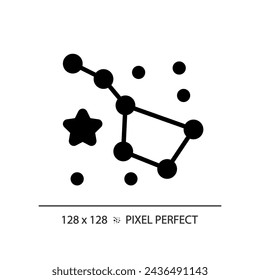 Icono de glifo negro perfecto de píxel de constelación. Cielo nocturno. Carta estelar. Osa grande. Ursa mayor. Navegación celestial. Símbolo de silueta en espacio blanco. Pictograma sólido. Ilustración aislada del vector