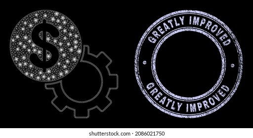 Constellation polygonal mesh net dollar setup gear icon with glitter effect on a black background, and round Greatly Improved rubber watermark. Vector carcass is based on dollar setup gear pictogram,