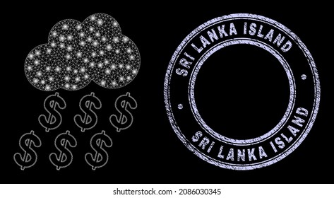 Constelación ícono de nube de malla poligonal neta dólar con efecto de brillo en un fondo negro con marca de agua texturada alrededor de la isla de Sri Lanka.