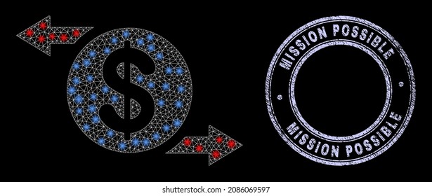 Constellation polygonal mesh net dollar exchange arrows icon with glare effect on a black background with round Mission Possible grunge seal.