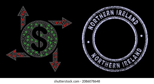 Constellation polygonal mesh net dollar emission icon with glitter effect on a black background with round Northern Ireland textured seal.