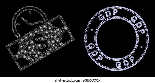 Constellation polygonal net banknote credit time icon with glitter effect on a black background, and round GDP scratched seal. Vector carcass is based on banknote credit time pictogram,