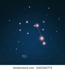 Constellation Pyxis en cielo estrellado. Espacio abierto. Ilustración vectorial constelación de Pyxis a través de un telescopio. 