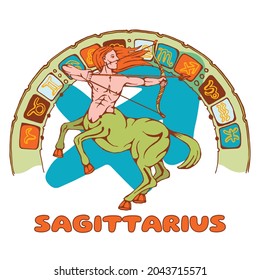 constellation Sagittarius. Centaur with a bow on the background of a semicircular arch with zodiac symbols. Colorful vector illustration
