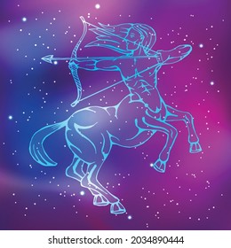 constellation Sagittarius. Centaur with bow. Zodiac mythological animals. Minimalistic pattern with glowing lines. Vector illustration