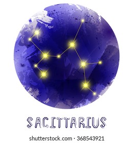 The Constellation Of Sagittarius. Starry sky. Dark watercolor background of space. Bright shining stars. Zodiac constellation. Astrological sign. Vector illustration.