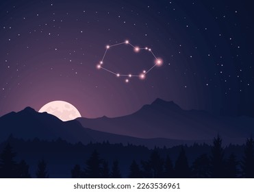 Constellation scheme collection. Stars in the night sky. Dark starry sky, hills, creppy forest, bright moon. Vector constellation Vela.