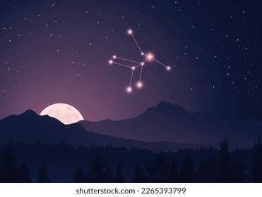 Constellation scheme collection. Stars in the night sky. Dark starry sky, hills, creppy forest, bright moon. Vector constellation Lyra.