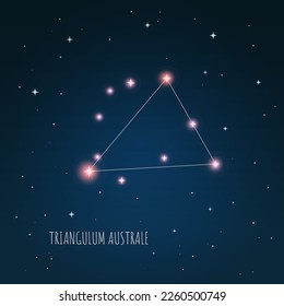 Constellation scheme in starry sky. Open space. Vector illustration Triangulum Australe constellation through a telescope