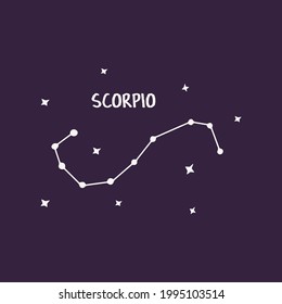 Constellation Scorpio. Blue background vector hand drawn print illustration with stars. Space of the universe, astronomy, zodiac sign