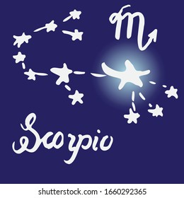 Constellation Of Scorpio. vector illustration. Shining zodiac Sign, symbol and calligraphic name drawn by hand on a dark blue background. Doodle style.  