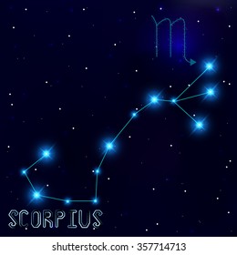 The Constellation Of Scorpius. Starry sky. Dark blue background of space. Bright shining stars. Zodiac constellation. Astrological sign. Vector illustration.