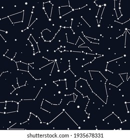 Constellation seamless pattern. Starry sky with constellations of stars background. Outer space with a map of the starry sky