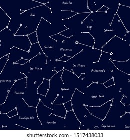 Constellation seamless texture. Andromeda, Ophiuchus, Aries, Capricornus, Minor Leo, Virgo, Comelpoardalis, Great Bear, Aries, Scorpies, Leo Minor, Monoceros, Aquarius, Hercules space symbols. 