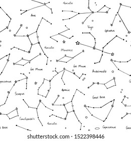 Constellation seamless texture. Andromeda, Ophiuchus, Aries, Capricornus, Minor Leo, Virgo, Comelpoardalis, Great Bear, Aries, Scorpies, Leo Minor, Monoceros, Aquarius, Hercules space symbols. 