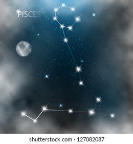 Constellation sign bright stars in cosmos with moon and clouds.