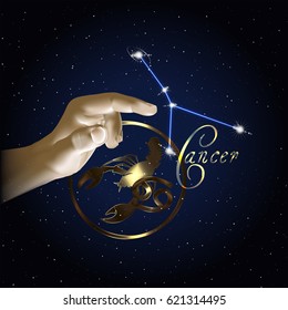 Constellation of the sign of the zodiac against the background of the starry sky and finger of the hand.
