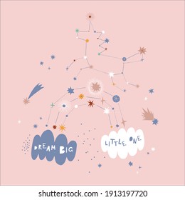 Constellation starry unicorn on rainbow. Fairy Magic Star sign vector illustration. Dream Big little one quote poster. Cosmic whimsical kid design