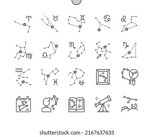 Constellation stars of 12 zodiac signs. Horoscope book. Astrology, mythology, esoteric. Pixel Perfect Vector Thin Line Icons. Simple Minimal Pictogram