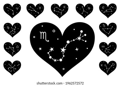 Constellation, stars and zodiac signs inside the shapes of hearts. Astrological zodiac symbols. Set of monochrome silhouettes. Horoscope designs.