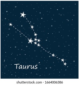Constellation of Taurus in night starry sky. Vector stock illustration in cartoon style. Can be used as planetarium poster, postcard.