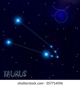 The Constellation Of Taurus. Starry sky. Dark blue background of space. Bright shining stars. Zodiac constellation. Astrological sign. Vector illustration.