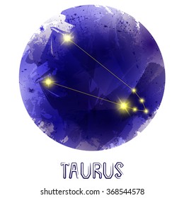 The Constellation Of Taurus. Starry sky. Dark watercolor background of space. Bright shining stars. Zodiac constellation. Astrological sign. Vector illustration.