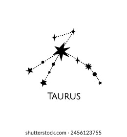 Constellation of Taurus. Vector illustration. Zodiac sign. Black and white stars. Line art tattoo, Spirituality, magic