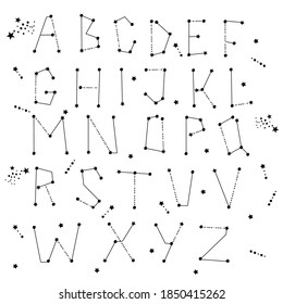 Constellation themed alphabet. Dots and star line art. Constellation concept ABC poster. Vector illustration.