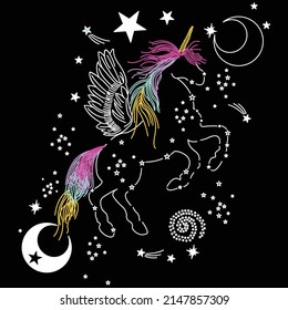 CONSTELLATION OF UNICORN WITH WINGS IN SPACE AND TWO MOONS