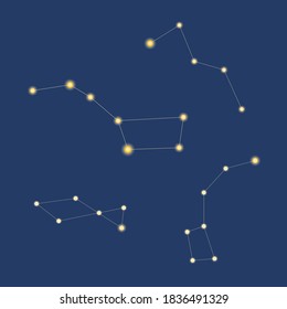 Constellation ursa major, ursa minor, cassiopeia, lyre isolated. Vector stock illustration, set or collection. The concept of the constellations of the Ursa Major and Ursa Minor, stars, space, sky