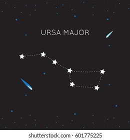 Constellation Ursa Major, UMa, the Great Bear on night sky with stars and meteors, vector