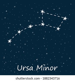 Constellation of Ursa Minor in starry night sky. Celestial body in space, latin inscription. Vector stock illustration in cartoon style. Can be used in astronomy textbooks, fashion magazines.