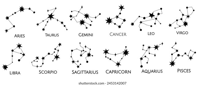 Constellation Vector illustration. Zodiac sign. Black and white stars. Line art tattoo, Spirituality, magic