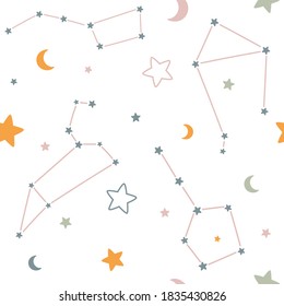 Constellation vector pattern. Pastel stars and moon 