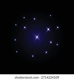 Una constelación de vibrantes destellos de luz púrpura en forma de estrella ilumina un espacio digital oscuro y abstracto. Ideal para temas de diseño cósmicos, futuristas o de celebración.